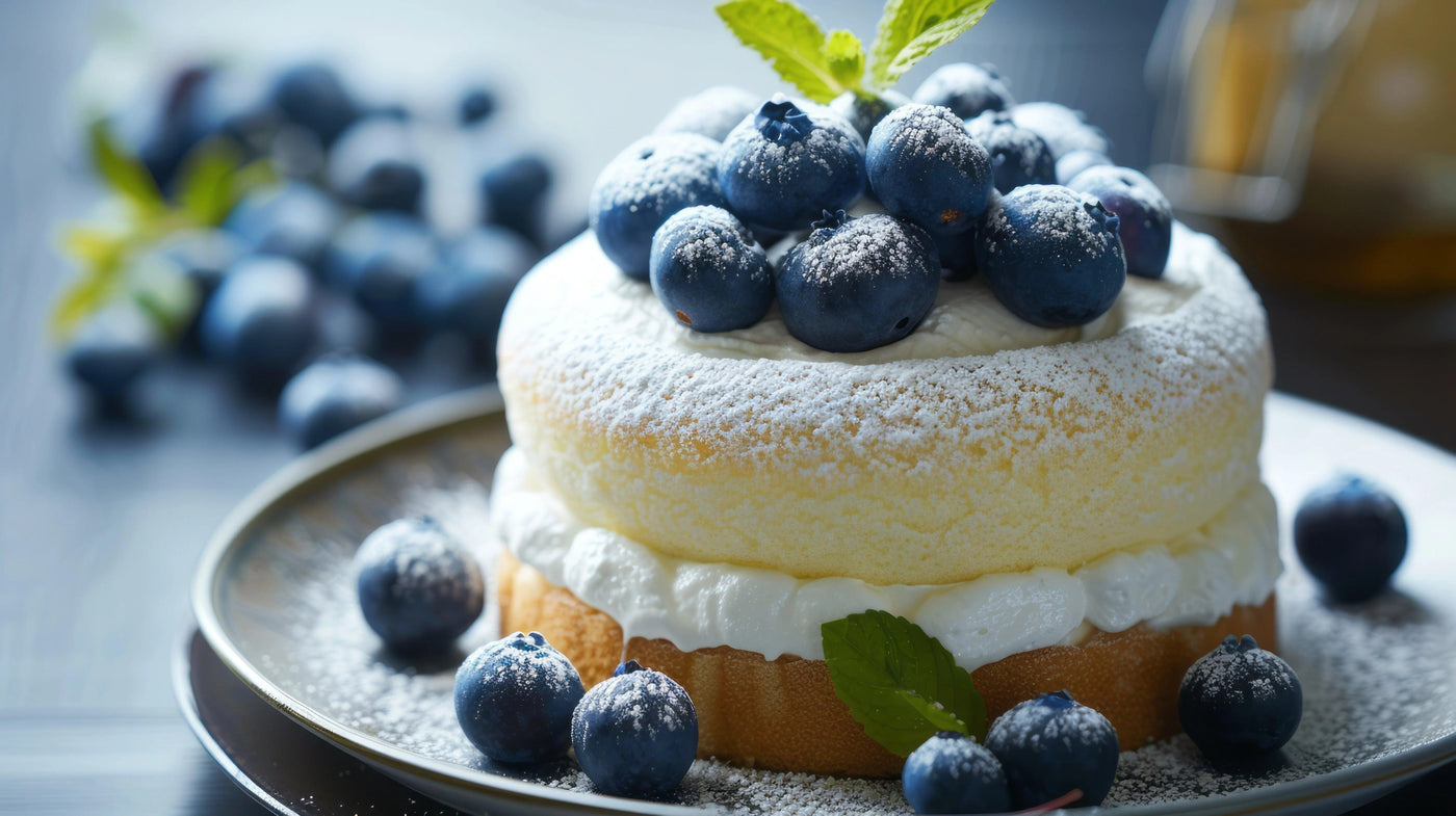 Un pancake japonais épais et moelleux garni de crème chantilly, de myrtilles fraîches et saupoudré de sucre glace, décoré avec une feuille de menthe sur une assiette.