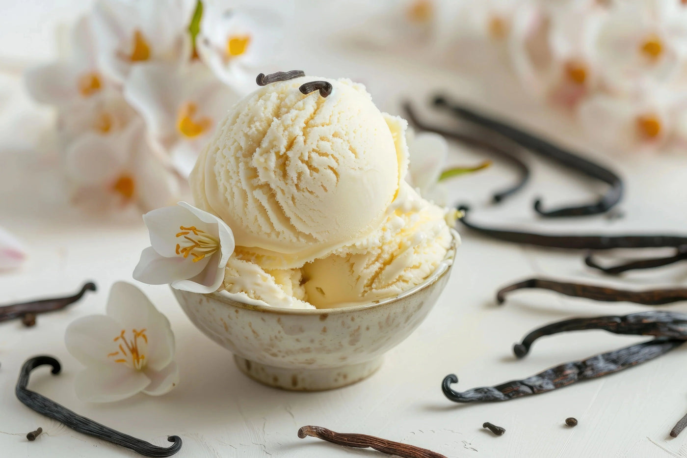 Bol de glace à la vanille maison, onctueuse et crémeuse, garnie de morceaux de vanille.