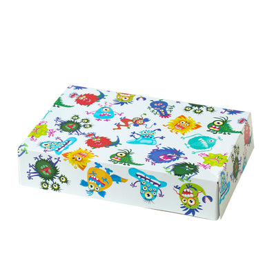 boîte gâteau monstres, boîte pâtisserie enfant, emballage carton rigide, boîte rigolote pour gâteaux, box à thème colorée