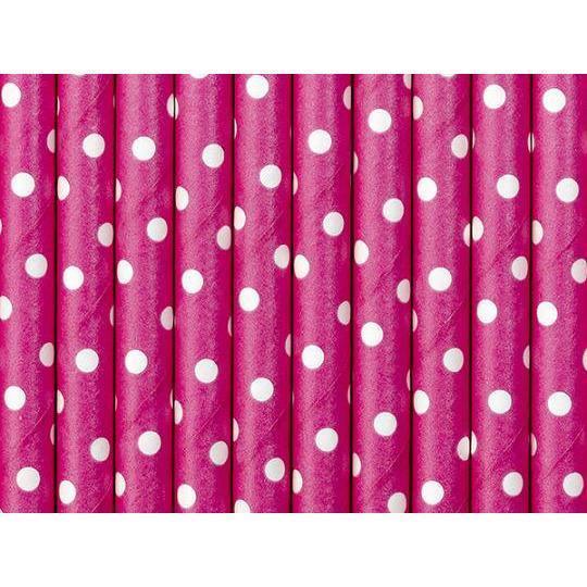 10 Pailles Cartonnées Rose Foncé / Points Blancs - PARTY DECO