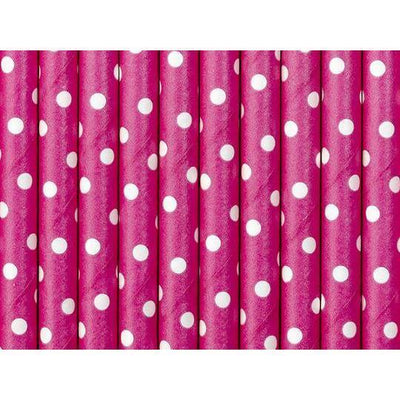 10 Pailles Cartonnées Rose Foncé / Points Blancs - PARTY DECO