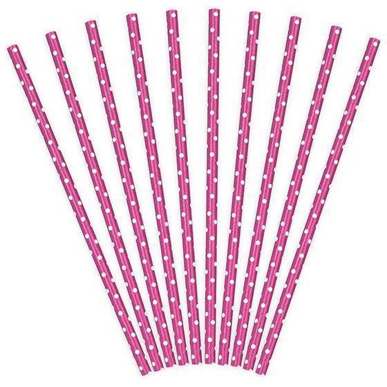 10 Pailles Cartonnées Rose Foncé / Points Blancs - PARTY DECO