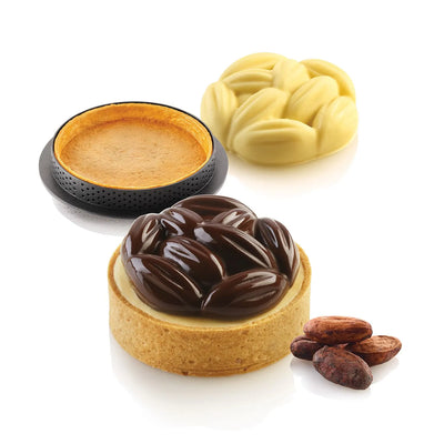 kit tarte cacao, moule silikomart cocoa, tartelette chocolat, moule silicone fève cacao, kit tarte moderne, cercle tarte inox
