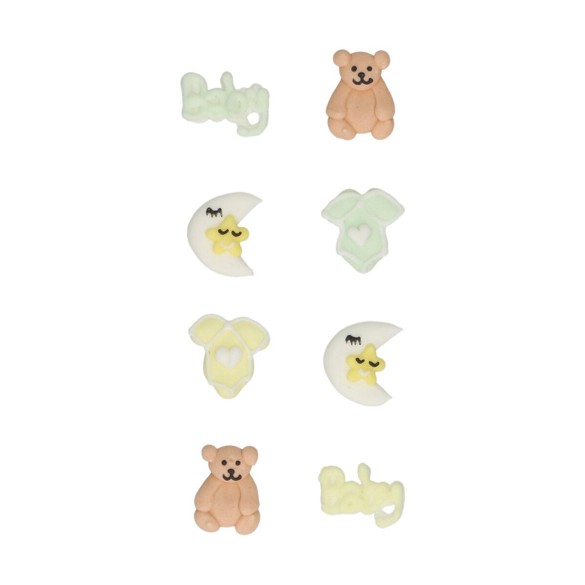 Décorations en sucre Happy Baby FunCakes – oursons, lunes, plaques bébé et body – set de 8 pièces