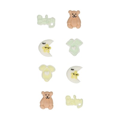 Décorations en sucre Happy Baby FunCakes – oursons, lunes, plaques bébé et body – set de 8 pièces