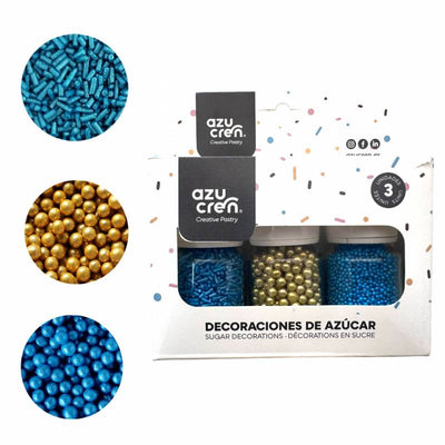 Coffret Azucŕen décorations en sucre bleu et or : vermicelles, perles 4 mm, nonpareilles