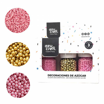 Coffret Azucŕen décorations en sucre 3 x 30g : rose et or (vermicelles, perles dorées, nonpareilles)