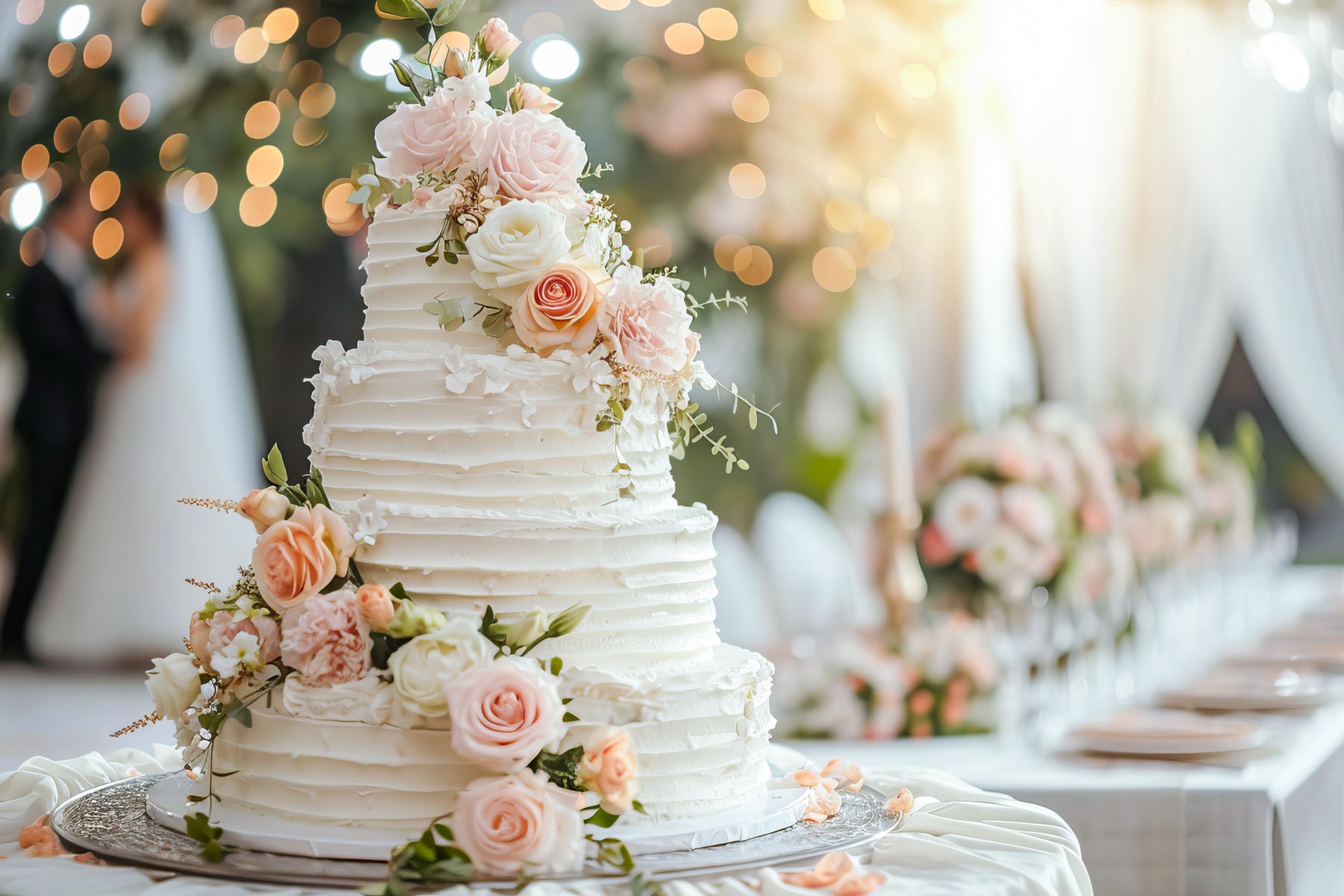 Magnifique gâteau de mariage blanc avec des touches florales et une finition élégante